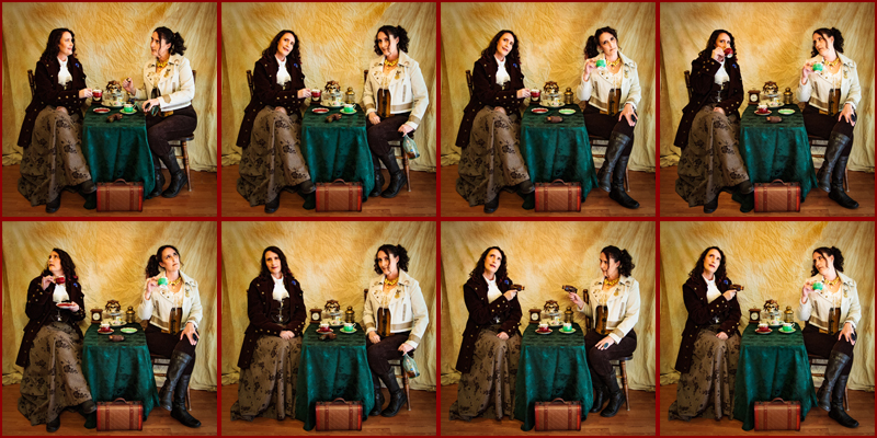 A series of pictures showing one model as two different character in each shot