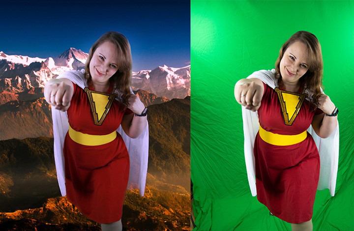 Before and after of a green screen shot